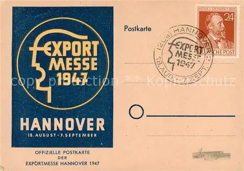 AK / Ansichtskarte 73852464 Hannover Offizielle Postkarte der Exportmesse 1947 Stempel Hannover
