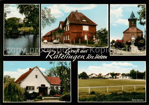 AK / Ansichtskarte  Raetzlingen_Uelzen Partie am Teich Baeckerei Lebensmittel Laden Kirche Schule Sportplatz Raetzlingen Uelzen