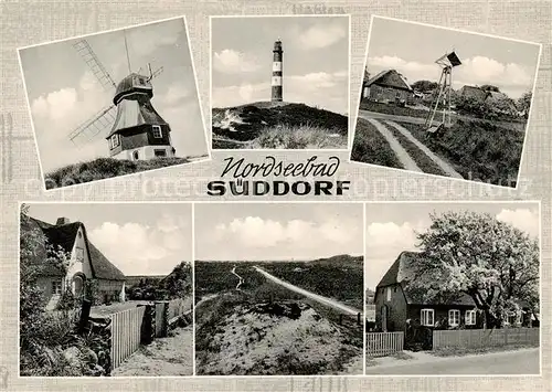 AK / Ansichtskarte  Sueddorf_Amrum_Nordseebad Nordseeinsel Muehle Leuchtfeuer Dorfstrasse Miles Hues Weg zum Strand Friesenhaus Sueddorf_Amrum_Nordseebad