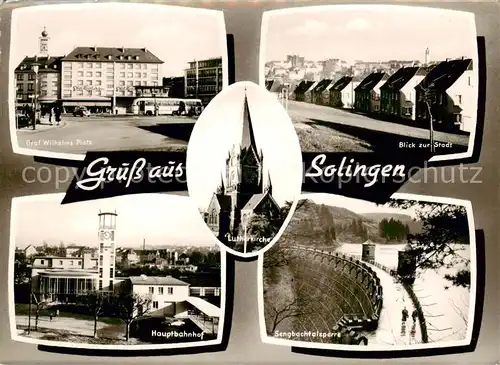 AK / Ansichtskarte  Solingen Graf Wilhelm Platz Blick zur Stadt Hauptbahnhof Sengbachtalsperre Lutherkirche Solingen