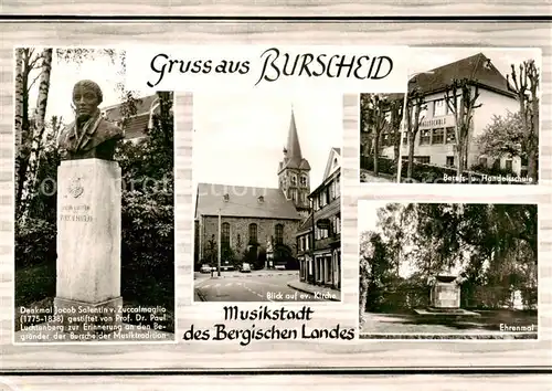 AK / Ansichtskarte 73852707 Burscheid Musikstadt des Bergischen Landes Denkmal Jacob Salentin Kirche Schule Ehrenmal Burscheid