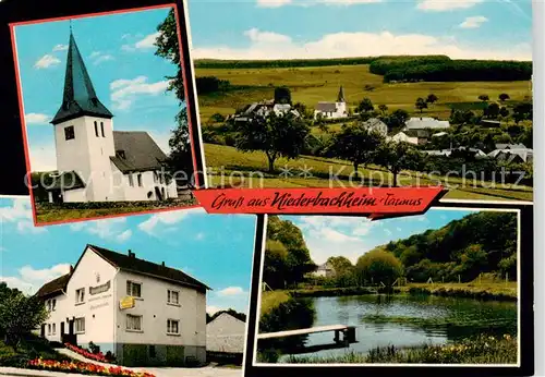 AK / Ansichtskarte 73852959 Niederbachheim Kirche Panorama Gasthaus Heimann Weiher Niederbachheim