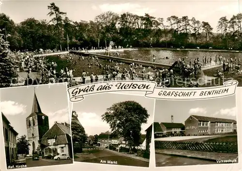 AK / Ansichtskarte  Uelsen Waldbad Ref Kirche Am Markt Volksschule Uelsen