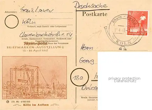 AK / Ansichtskarte  Koeln__Rhein Rhein Posta Briefmarken Ausstellung 