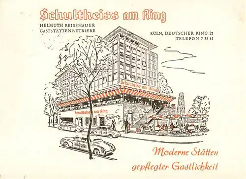 AK / Ansichtskarte 73853109 Koeln__Rhein Gaststaettenbetriebe Schultheiss am Ring Zeichnung Kuenstlerkarte 