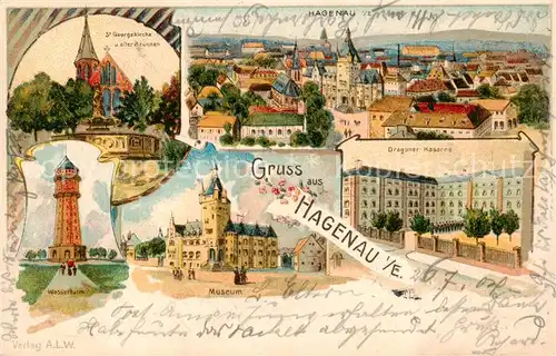 AK / Ansichtskarte  Hagenau_67_Bas-Rhin_Alsace Stadtpanorama St. Georgskirche Wasserturm Museum Dragoner Kaserne Litho 