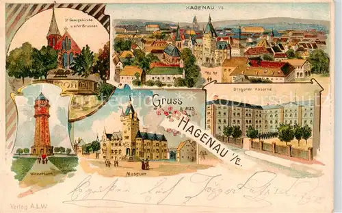 AK / Ansichtskarte  Hagenau_67_Bas-Rhin_Alsace Stadtpanorama St. Georgskirche Wasserturm Museum Kaserne Litho 