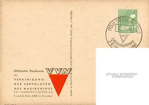 AK / Ansichtskarte 73853425 Leipzig Offizielle Postkarte VVN Vereinigung der Verfolgten des Naziregimes Kuenstlerkarte Leipzig