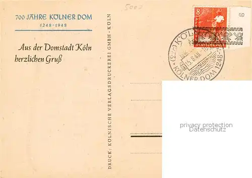 AK / Ansichtskarte 73853432 Koeln__Rhein Brieftaube Werbung Koelnische Rundschau 700 Jahre Koelner Dom 
