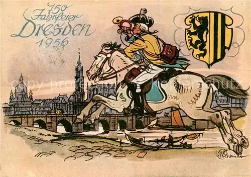 AK / Ansichtskarte 73853442 Dresden_Elbe 750 Jahrfeier Sachsenschau Briefmarken-Ausstellung Postillion um 1770 nach Aquarell von K. W. Schmidt Kuenstlerkarte 