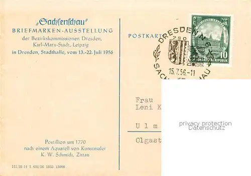 AK / Ansichtskarte 73853442 Dresden_Elbe 750 Jahrfeier Sachsenschau Briefmarken-Ausstellung Postillion um 1770 nach Aquarell von K. W. Schmidt Kuenstlerkarte 