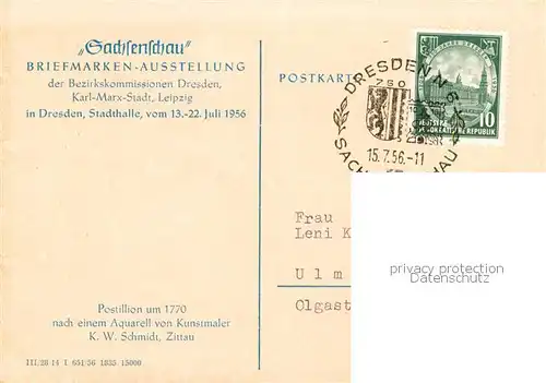 AK / Ansichtskarte  Dresden_Elbe 750 Jahrfeier Sachsenschau Briefmarken-Ausstellung Postillion um 1770 nach Aquarell von K. W. Schmidt Kuenstlerkarte 