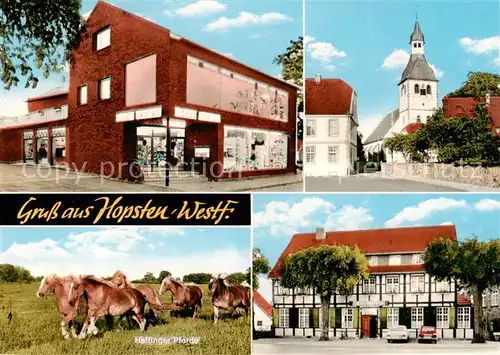 AK / Ansichtskarte 73853469 Hopsten Ladengeschaeft Blick zur Kirche Haflinger Pferde Hopsten