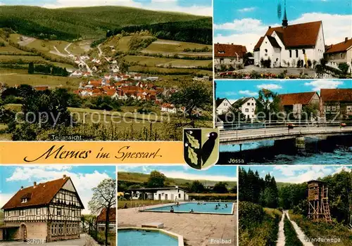 AK / Ansichtskarte  Mernes_Bad_Soden-Salmuenster Panorama Kirche Jossa Schule Freibad Wanderwege 