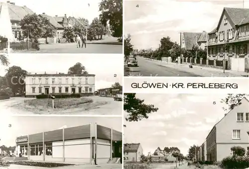 AK / Ansichtskarte  Gloewen_Plattenburg Heinrich Heine Platz Bahnhof Konsum Einkaufszentrum Rat der Gemeinde Strasse der Thaelmannspioniere