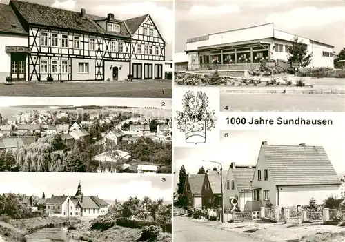 AK / Ansichtskarte 73853680 Sundhausen_Nordhausen Hotel Zur Helme Panorama Gaststaette Treffpunkt Kaufhalle Friedensstrasse Sundhausen Nordhausen