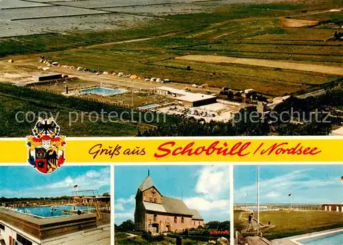 AK / Ansichtskarte 73853796 Schobuell_Husum_Nordsee Fliegeraufnahme Schwimmbad Kirche 