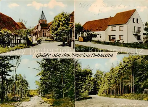 AK / Ansichtskarte 73853819 Bad_Holzhausen_Luebbecke_Preussisch_Oldendorf_NRW Kirche Pension Ortmann Partie im Wiehengebirge Waldweg 
