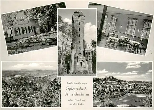 AK / Ansichtskarte 73853939 Marburg_Lahn Waldgaststaette Spiegelslust Aussichtsturm Gaststube Panorama Marburg_Lahn