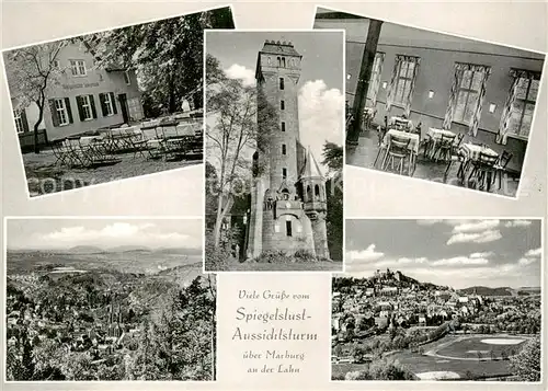 AK / Ansichtskarte  Marburg_Lahn Waldgaststaette Spiegelslust Aussichtsturm Gaststube Panorama Marburg_Lahn