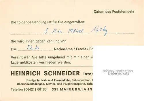 AK / Ansichtskarte  Marburg_Lahn Heinrich Schneider Internat Spedition Sendungsbenachrichtigung Marburg_Lahn