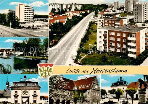 AK / Ansichtskarte 73854027 Heusenstamm Bastenwald Hochhaus Stadtpanorama Schlossteich Heusenstamm