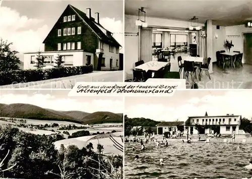 AK / Ansichtskarte 73854135 Altenfeld_Sauerland Gasthof Pension Haus Wuellner Gastsstube Badestrand Panorama Altenfeld_Sauerland