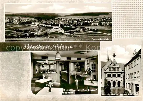 AK / Ansichtskarte 73854195 Buchen_Odenwald Panorama Restaurant Zum Riesen Marktplatz mit altem Rathaus Buchen Odenwald