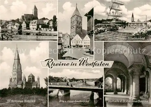 AK / Ansichtskarte 73854239 Rheine Altstadt Markt Schwimmbad St Antonius Basilika Alte und neue Emsbruecke Vorhalle der St Antonius Basilika Rheine