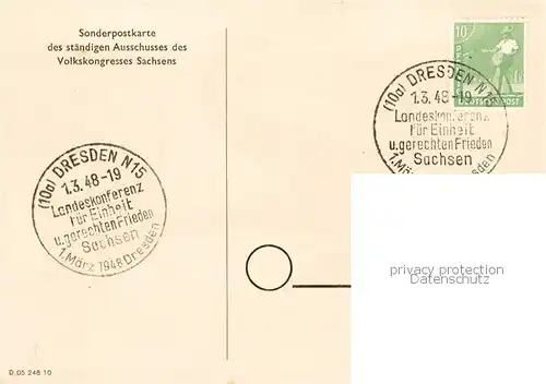 AK / Ansichtskarte 73854318 Dresden_Elbe Landeskonferenz Sachsen fuer Deutschlands Einheit und gerechten Frieden Kuenstlerkarte Sonderstempel 