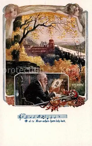 AK / Ansichtskarte 73854351 Heidelberg_Neckar Ansicht mit Schloss W. H. Braun Kuenstlerkarte Lied Alte Burschenherrlichkeit Noten Heidelberg Neckar