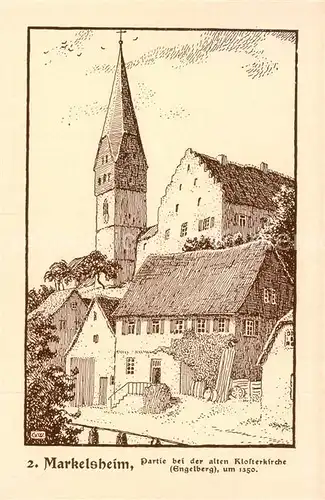 AK / Ansichtskarte 73854366 Markelsheim Partie bei der alten Klosterkirche Engelberg Kuenstlerkarte Federzeichnung Aus Perlen aus dem Frankenwald Markelsheim