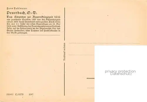 AK / Ansichtskarte  Peuerbach_Oberoesterreich_AT Das Linzertor zur Bauernkriegszeit 1626 Zeichnung Hans Doblmayer Kuenstlerkarte 