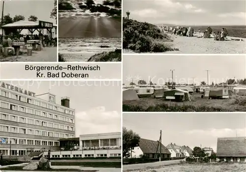 AK / Ansichtskarte 73854449 Boergerende-Rethwisch Hotel Waterkant Campingplatz Imbiss Strand Sonnenuntergang am Meer Boergerende-Rethwisch