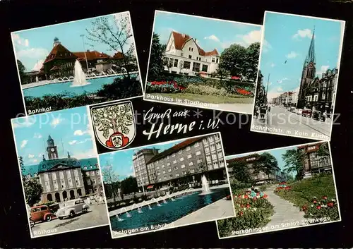 AK / Ansichtskarte  Herne__Westfalen Bahnhof Parkhaus im Stadtgarten Bahnhofstr Kath Kirche Raathaus Anlagen am Bahnhof Schloss Strohkede