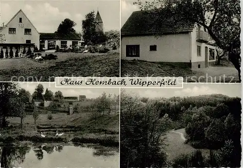 AK / Ansichtskarte  Hembach_Wipperfeld_Wipperfuerth Pension Haus Hembach Ortspartie Kirche Schwanenteich 