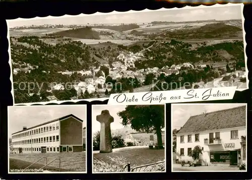 AK / Ansichtskarte 73854621 St_Julian_Pfalz Panorama Mittelpunktschule Kriegerdenkmal Lebensmittelgeschaeft St_Julian_Pfalz