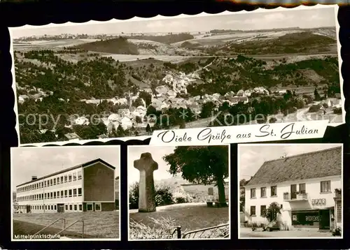 AK / Ansichtskarte  St_Julian_Pfalz Panorama Mittelpunktschule Kriegerdenkmal Lebensmittelgeschaeft St_Julian_Pfalz