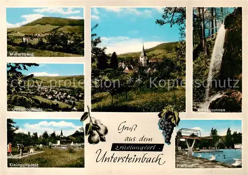 AK / Ansichtskarte  Untersteinbach_Pfedelbach Landschaftspanorama Blick zum Wilfersberg Kirche Kalsbrunnen Wasserfall Kleingolfplatz Freibad Untersteinbach_Pfedelbach