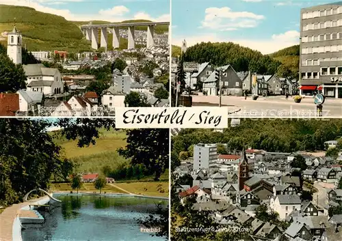 AK / Ansichtskarte 73854667 Eiserfeld_Siegen Stadtmitte Kirche Siegtal-Autobahnbruecke Strassenkreuzung Sparkassen-Hochhaus Freibad 