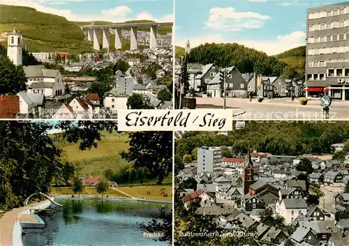 AK / Ansichtskarte  Eiserfeld_Siegen Stadtmitte Kirche Siegtal-Autobahnbruecke Strassenkreuzung Sparkassen-Hochhaus Freibad 