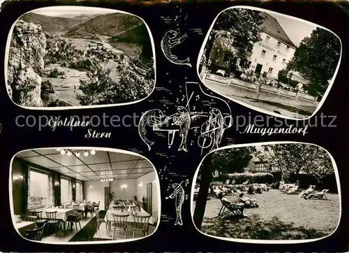 AK / Ansichtskarte  Muggendorf_Fraenkische_Schweiz Gasthof Goldner Stern Gaststube Liegewiese Panorama Muggendorf_Fraenkische