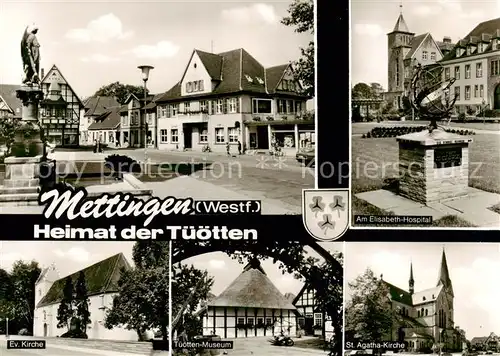 AK / Ansichtskarte  Mettingen_Westfalen Marktplatz Elisabeth Hospital Ev Kirche Tueoetten Museum St Agatha Kirche Mettingen_Westfalen