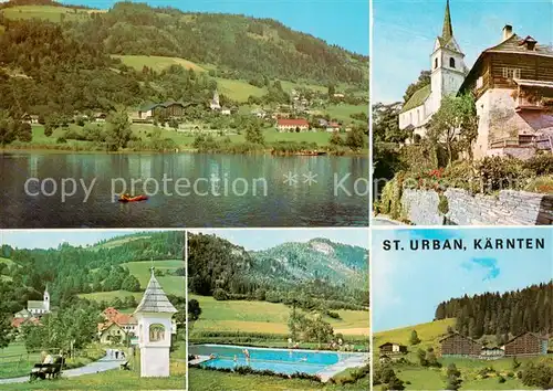 AK / Ansichtskarte 73854934 St_Urban_Kaernten_AT Urbansee Bildstock Freibad Kirche Panorama 