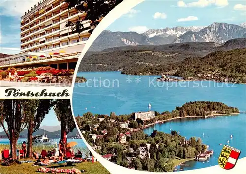 AK / Ansichtskarte  Poertschach_Woerthersee Fliegeraufnahme mit Karawanken Hotel Strand Poertschach Woerthersee