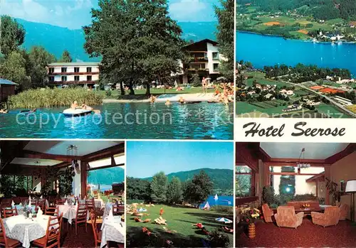 AK / Ansichtskarte 73854967 Bodensdorf_Ossiacher_See_AT Hotel Seerose Gastraum Liegewiese Tennisplaetze Fliegeraufnahme 