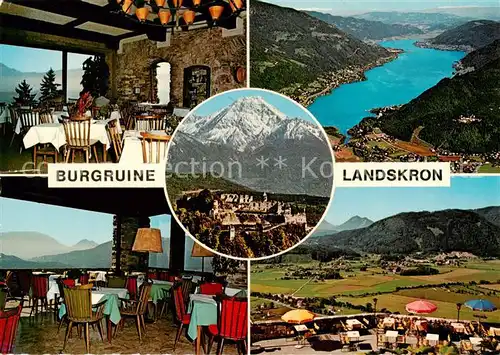 AK / Ansichtskarte 73855012 Ossiachersee Burgruine Landskron Cafe Restaurant Bar Kronensaal Burgruine mit Mittagskogel Turmsaal Terrasse mit Kanzelhoehe Ossiachersee