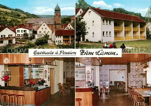 AK / Ansichtskarte 73855037 Heimbuchenthal Gasthaus Pension Zum Lamm Gastraum Ortsansicht mit Kirche Heimbuchenthal
