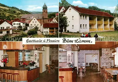 AK / Ansichtskarte  Heimbuchenthal Gasthaus Pension Zum Lamm Gastraum Ortsansicht mit Kirche Heimbuchenthal