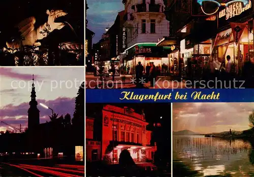 AK / Ansichtskarte  Klagenfurt_Woerthersee_AT Lindwurmbrunnen Kramergasse Stadtpfarrkirche Landestheater Seepartie bei Nacht 